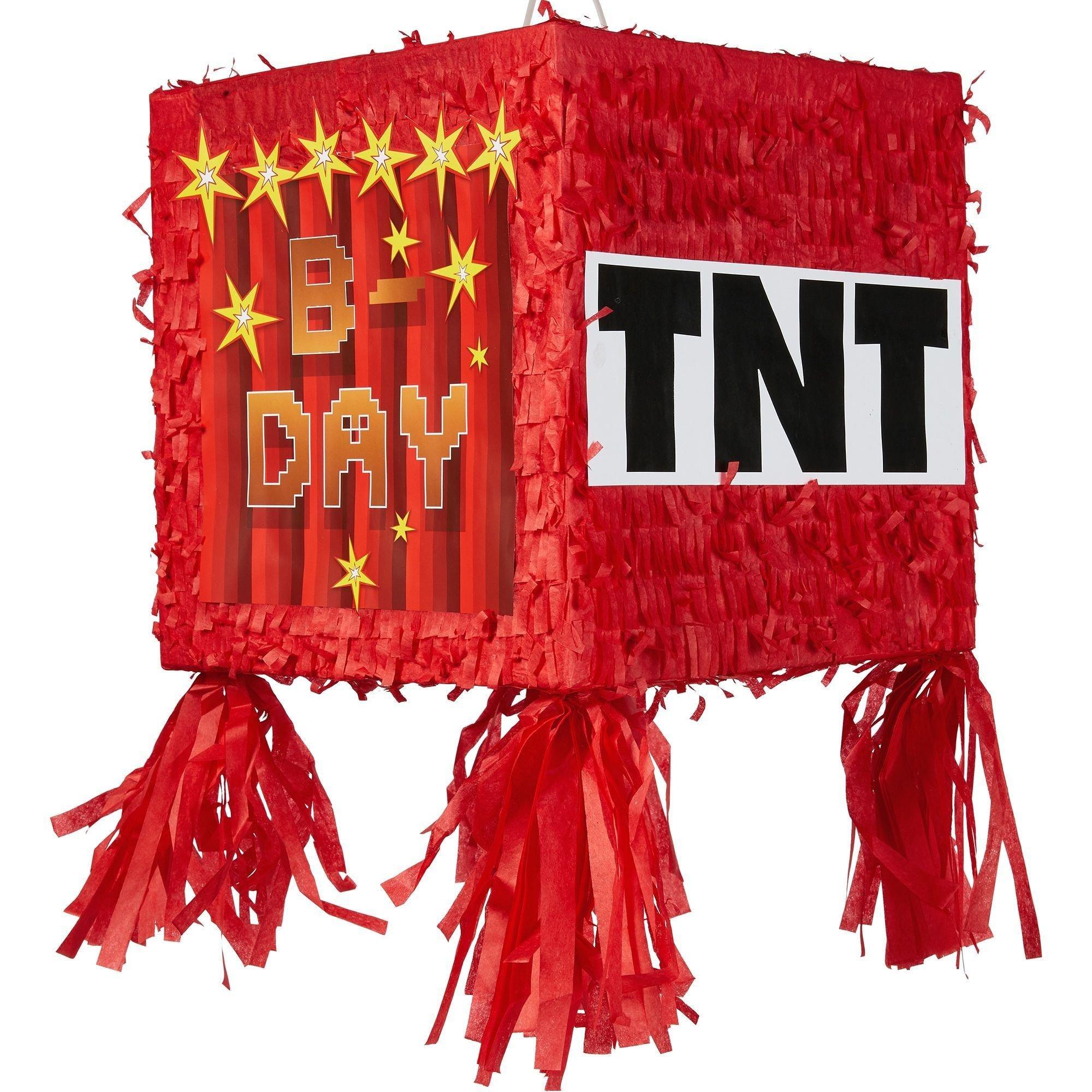 Pixelated TNT Block Pinata Kit - Includes Pinata, Kiddie Candy Combo Mix (3.87lb), Bat & Blindfold